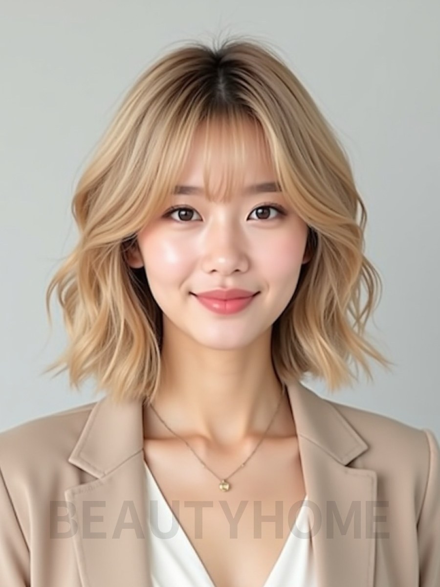골든 블론드 귀밑 인버티드 단발+시스루뱅