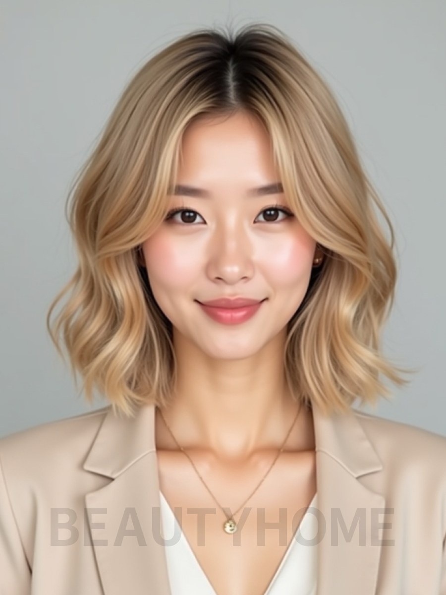 골든 블론드 귀밑 비대칭 단발+풀뱅