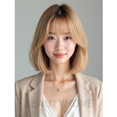 골든 블론드 턱밑 스트레이트 단발+커튼뱅