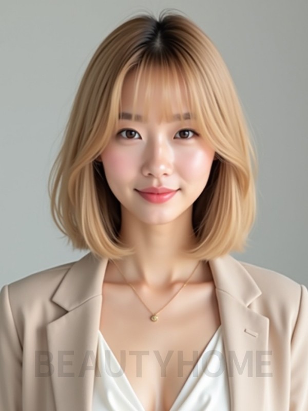 골든 블론드 턱밑 스트레이트 단발+커튼뱅