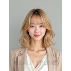 골든 블론드 턱선 컬 단발+풀뱅