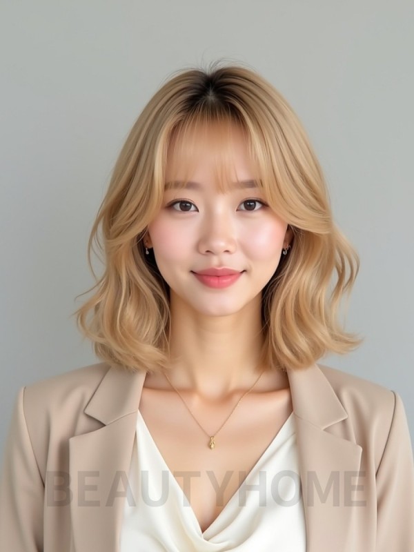 골든 블론드 턱선 컬 단발+풀뱅