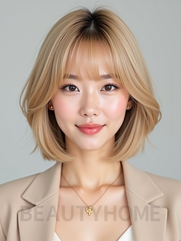 골든 블론드 턱선 블런트 단발+커튼뱅