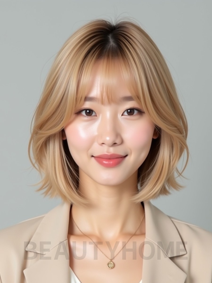 골든 블론드 턱선 그라데이션 단발+사이드뱅