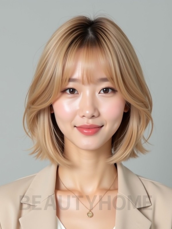 골든 블론드 턱선 그라데이션 단발+사이드뱅