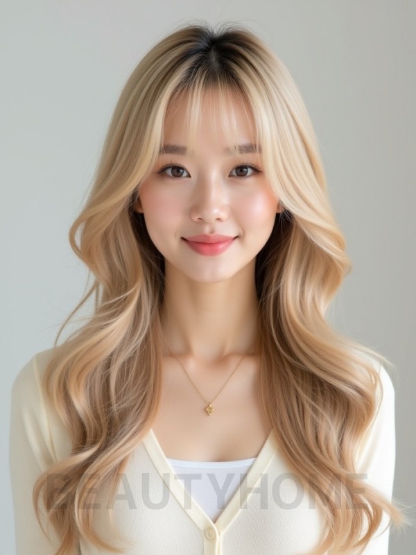 골든 블론드 긴 웨이브+시스루뱅