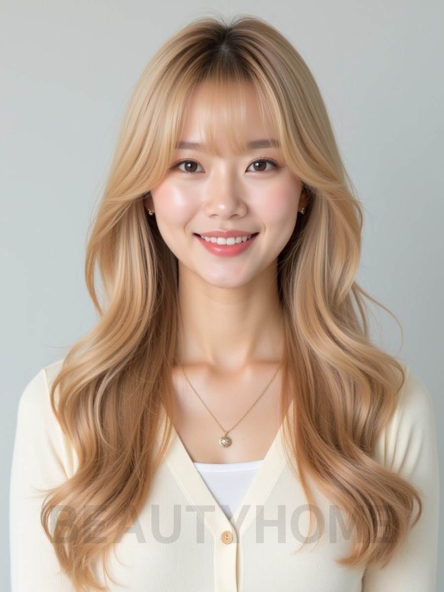 골든 블론드 긴 컬+사이드뱅