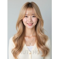 골든 블론드 긴 컬+사이드뱅