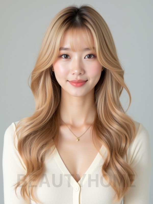 골든 블론드 긴 컬+시스루뱅