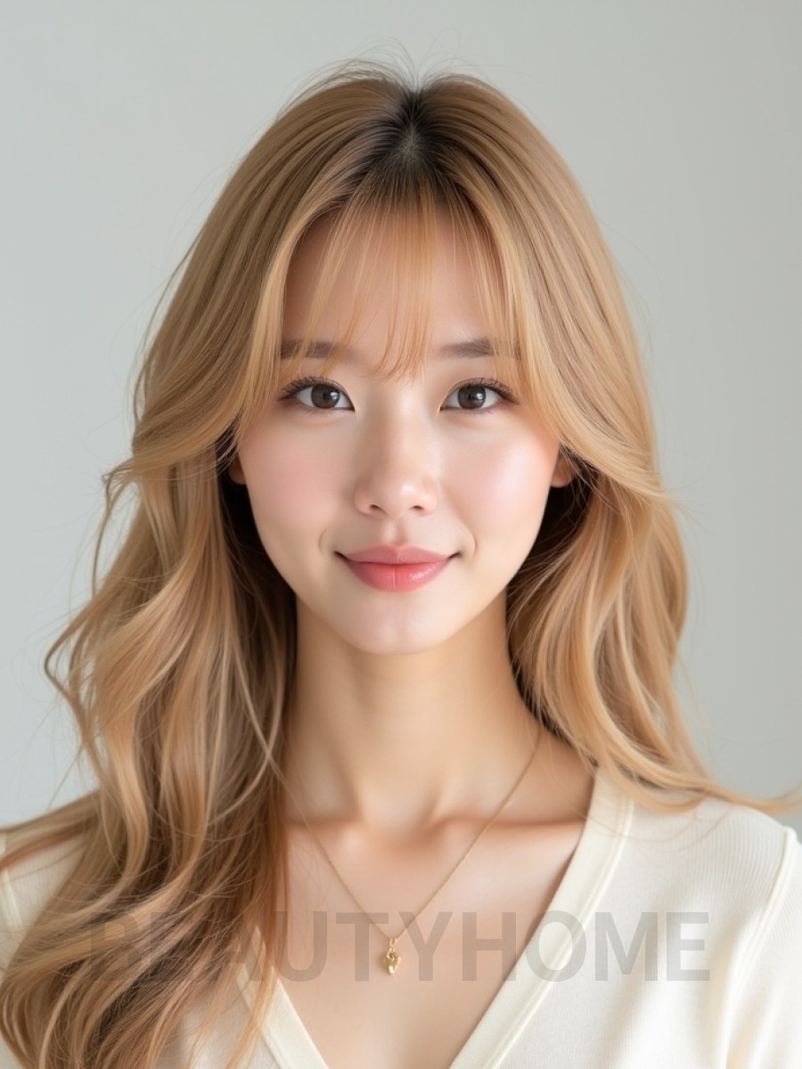 골든 블론드 긴 레이어+시스루뱅