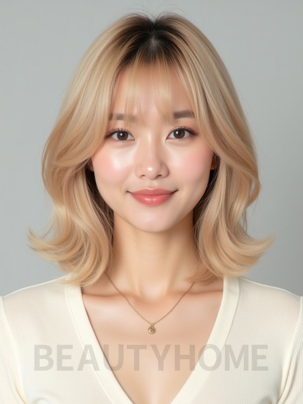 골든 블론드 턱밑 비대칭 단발+시스루뱅