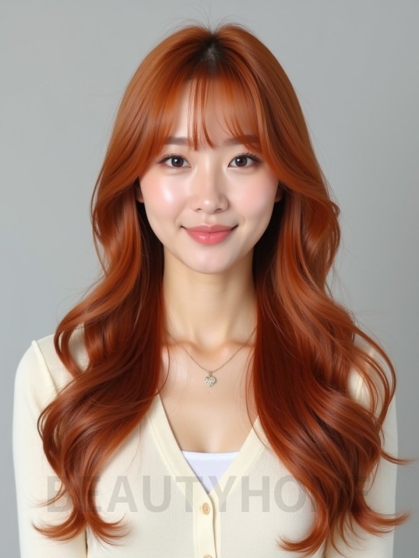 오렌지 코퍼 긴 웨이브+커튼뱅