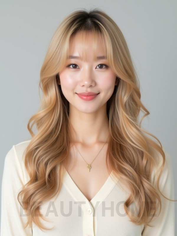 골든 블론드 긴 컬+커튼뱅