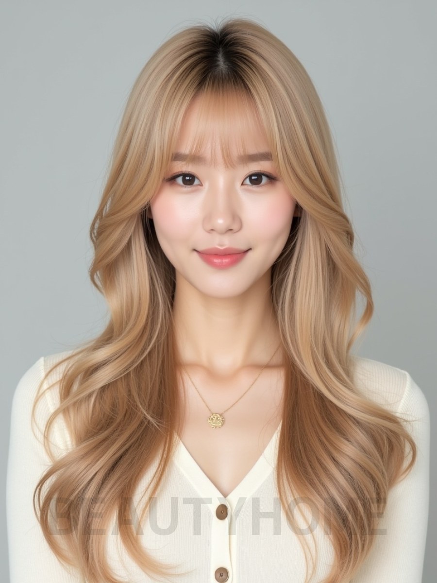골든 블론드 긴 레이어+커튼뱅