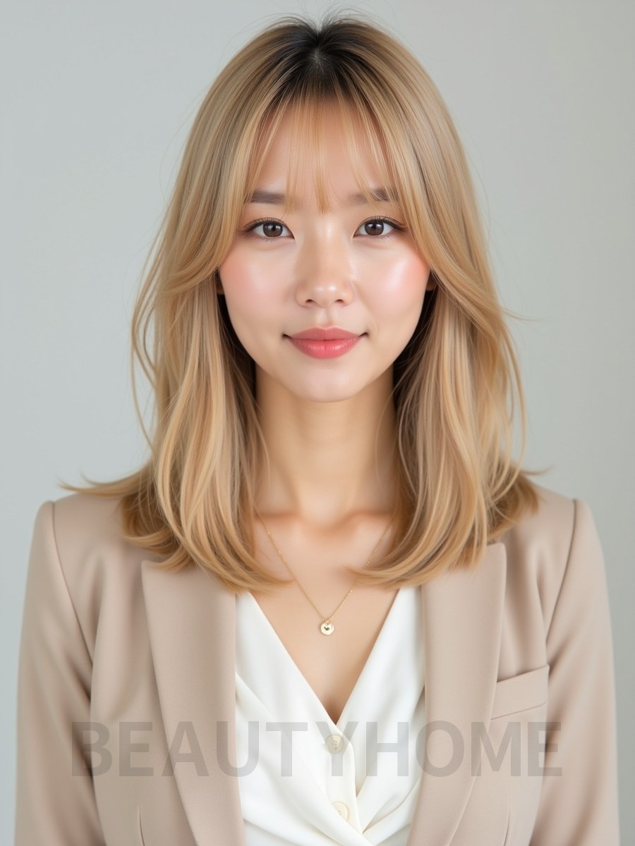 골든 블론드 어깨 생머리+풀뱅