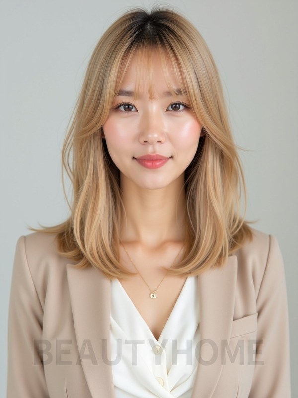 골든 블론드 어깨 생머리+풀뱅