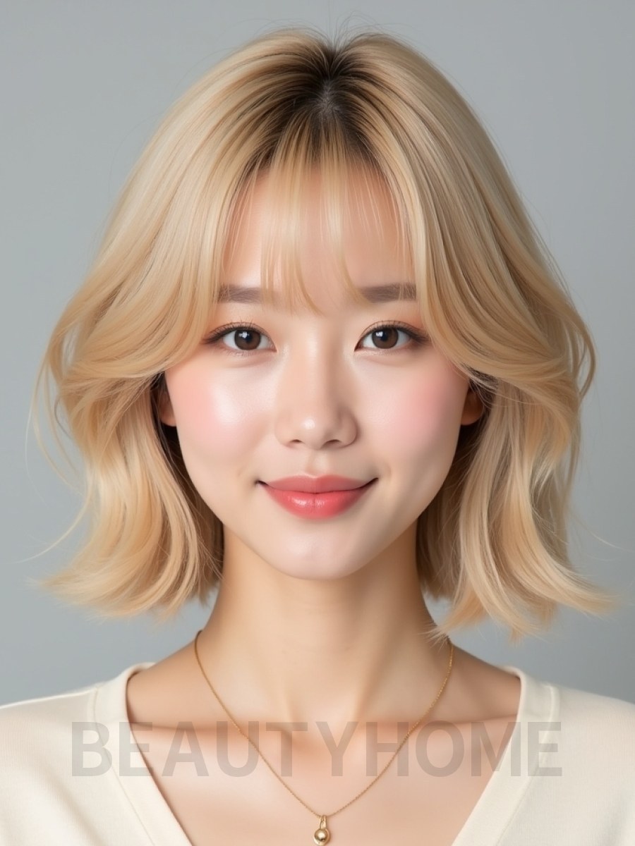 골든 블론드 턱밑 스택 단발+시스루뱅