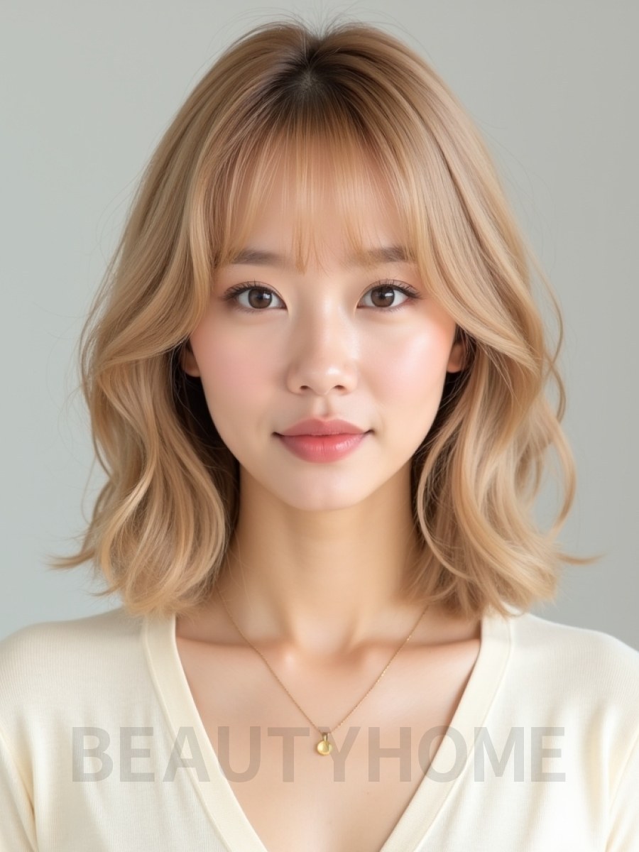 골든 블론드 턱밑 웨이브 단발+뱅