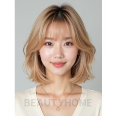 골든 블론드 어깨 스택 단발+시스루뱅
