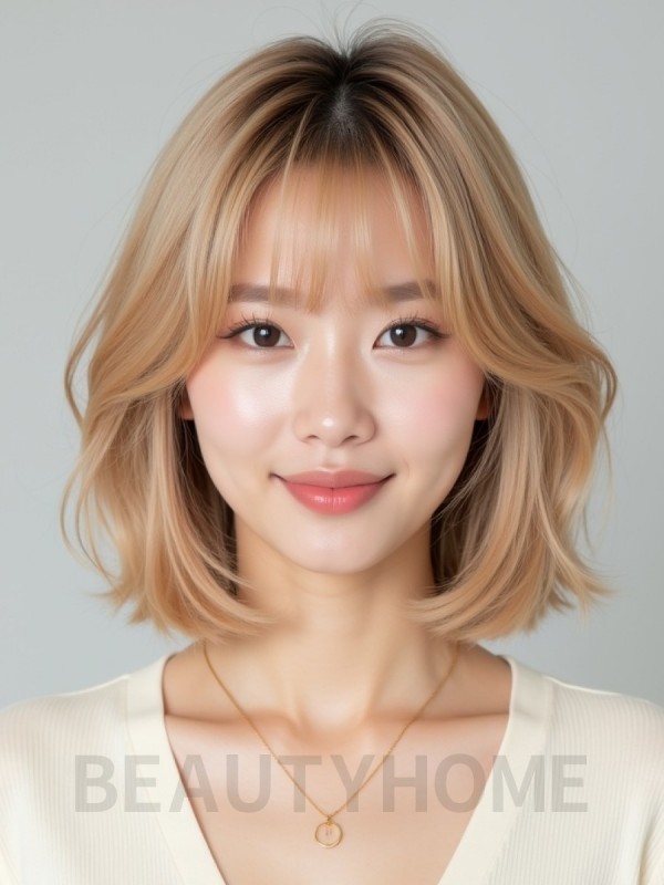 골든 블론드 어깨 스택 단발+시스루뱅