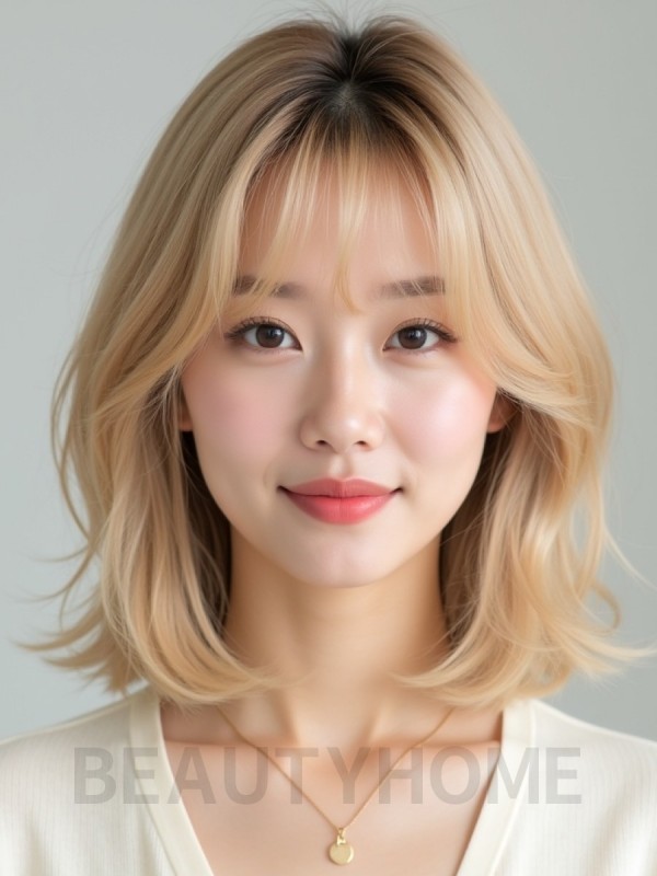 골든 블론드 쇄골 텍스처 단발+시스루뱅