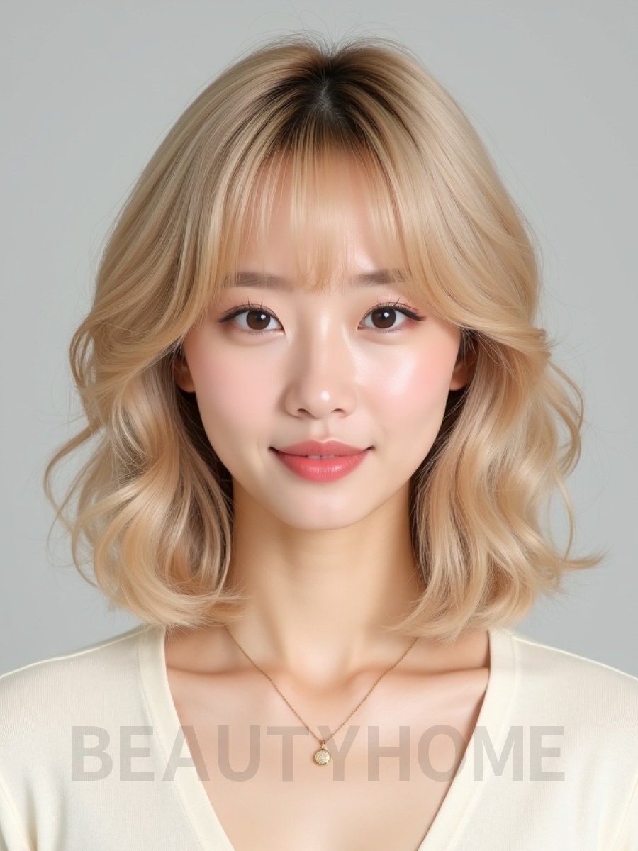 골든 블론드 쇄골 컬 단발+커튼뱅