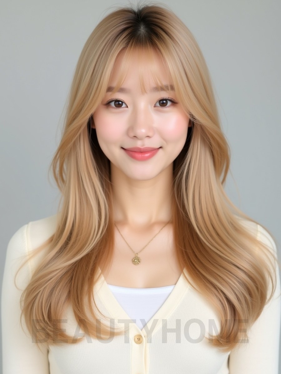 골든 블론드 긴 생머리+사이드뱅
