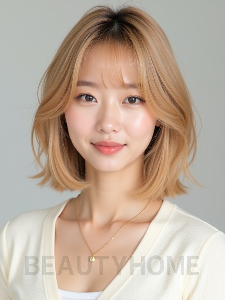골든 블론드 어깨 텍스처 단발+뱅