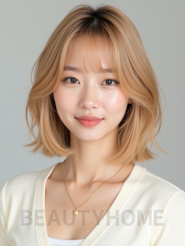골든 블론드 어깨 텍스처 단발+뱅