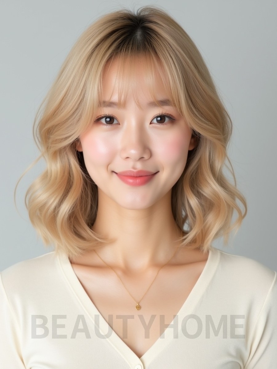 골든 블론드 어깨 컬 단발+시스루뱅