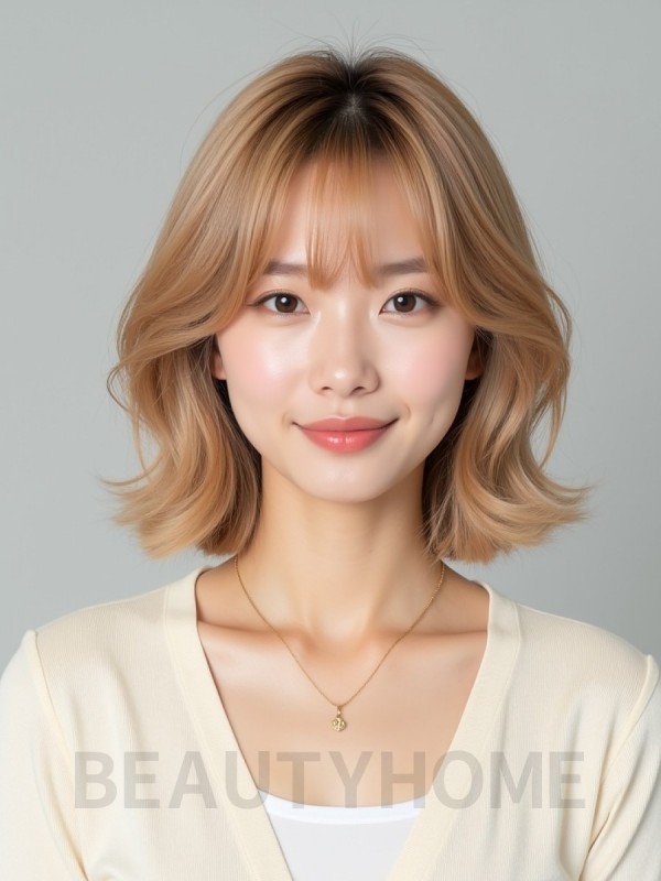 골든 블론드 어깨 레이어드 단발+커튼뱅