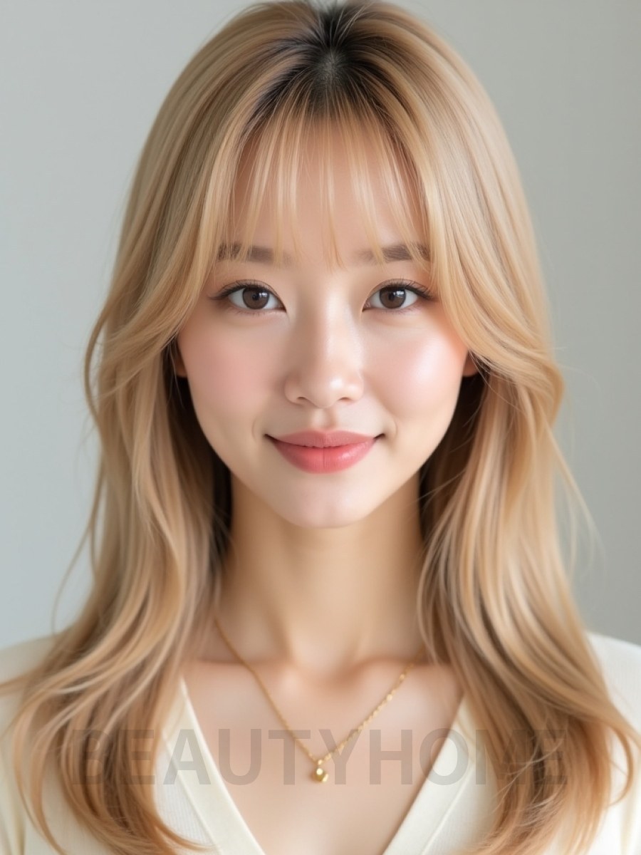 골든 블론드 쇄골 생머리+커튼뱅