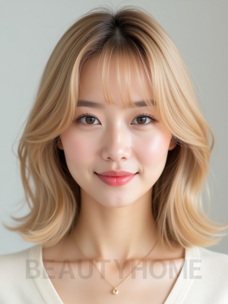 골든 블론드 어깨 비대칭 단발+풀뱅