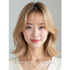 골든 블론드 어깨 비대칭 단발+풀뱅