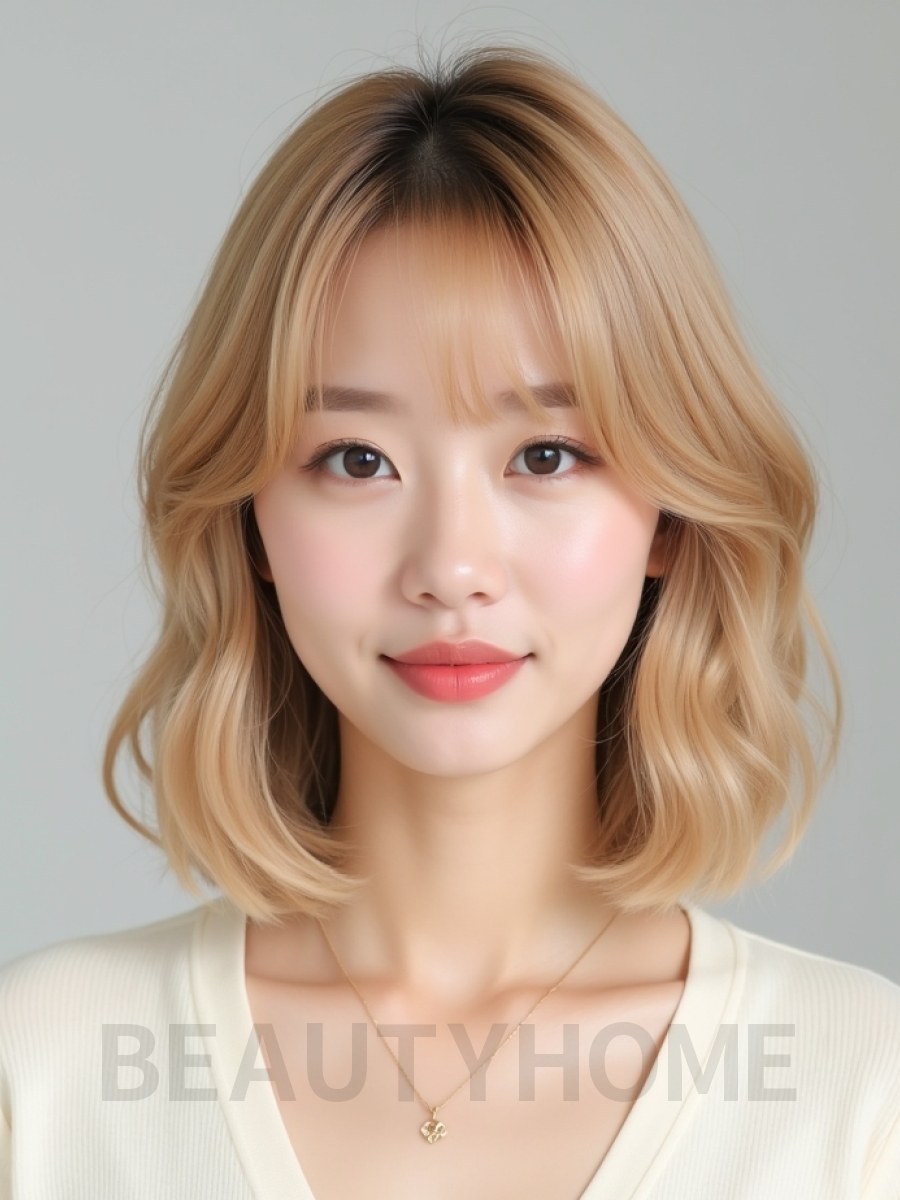 골든 블론드 쇄골 비대칭 단발+뱅