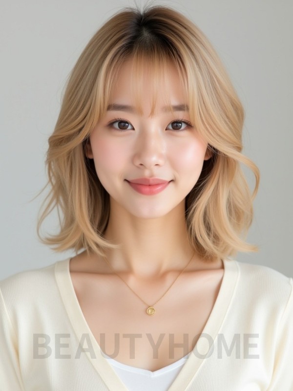 골든 블론드 어깨 인버티드 단발+뱅