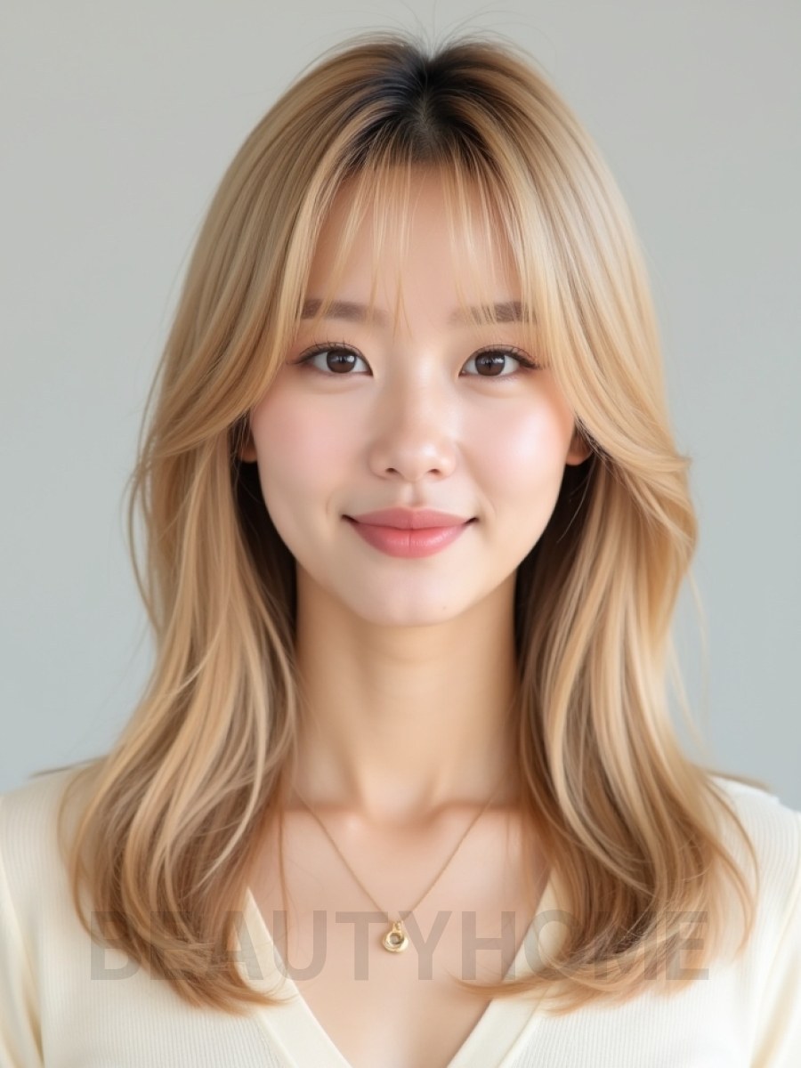 골든 블론드 쇄골 생머리+사이드뱅