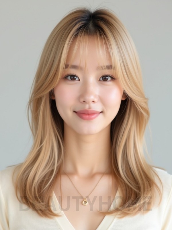골든 블론드 쇄골 생머리+사이드뱅