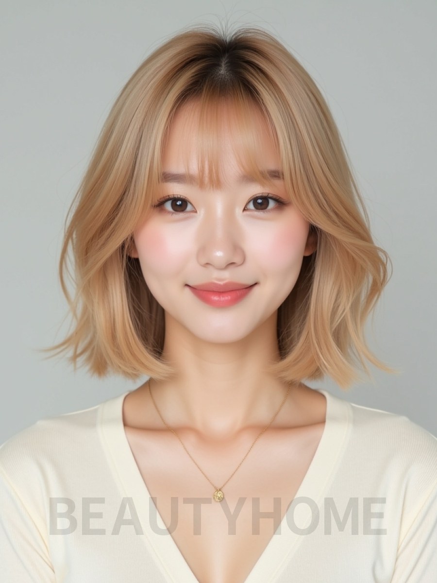 골든 블론드 어깨 블런트 단발+시스루뱅
