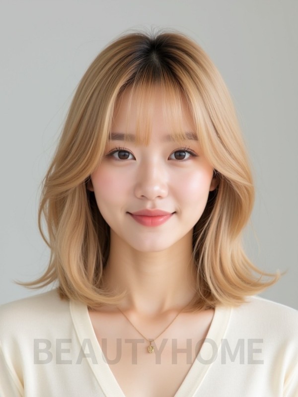 골든 블론드 어깨 그라데이션 단발+커튼뱅
