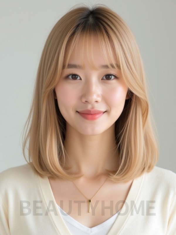 골든 블론드 어깨 스트레이트 단발+뱅