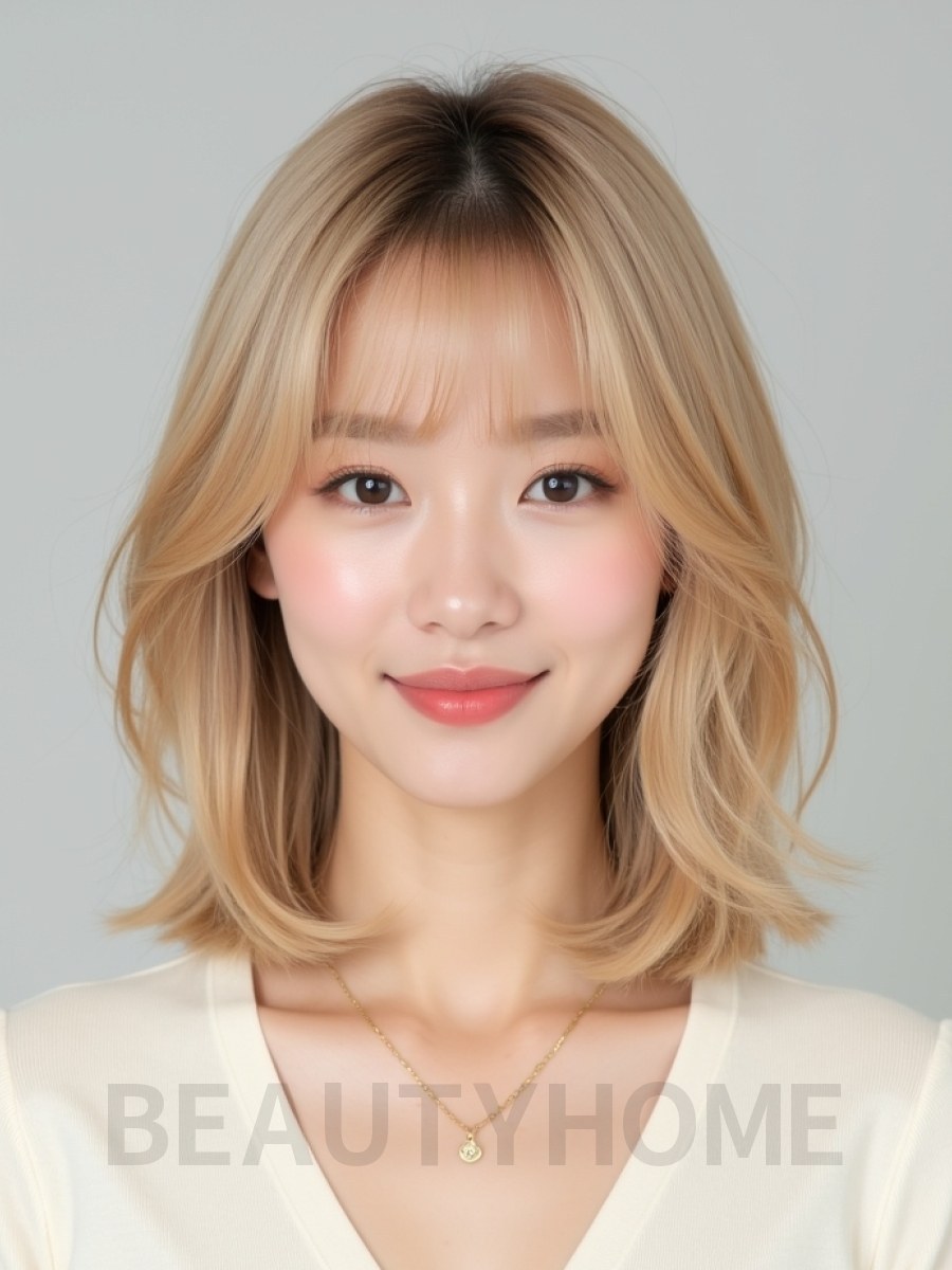 골든 블론드 쇄골 레이어드 단발+사이드뱅