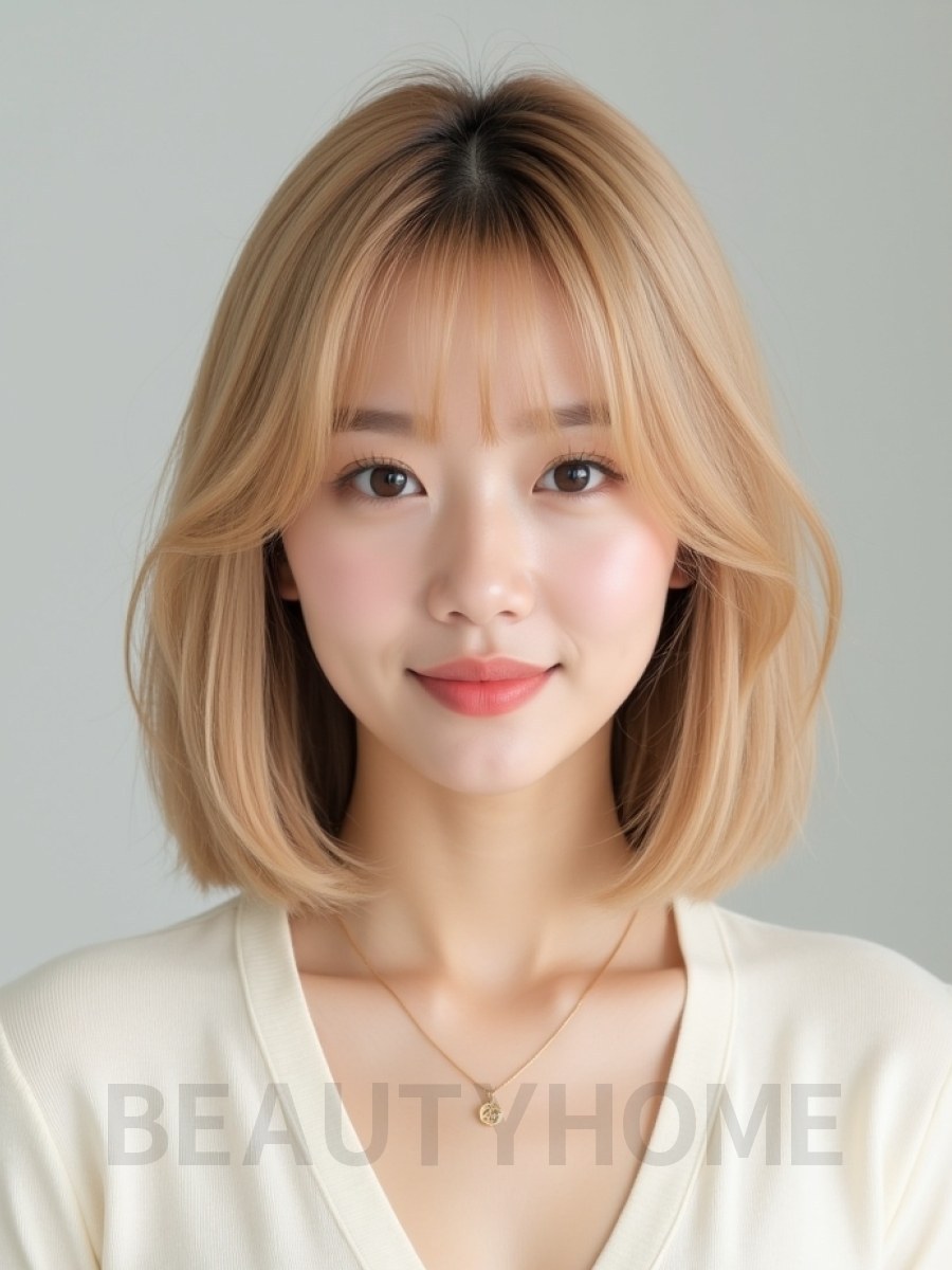 골든 블론드 쇄골 스트레이트 단발+커튼뱅