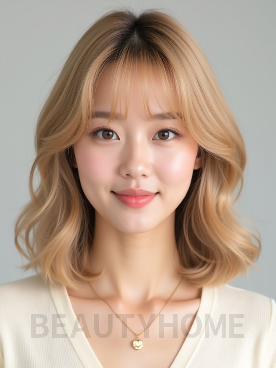 골든 블론드 어깨 웨이브+시스루뱅