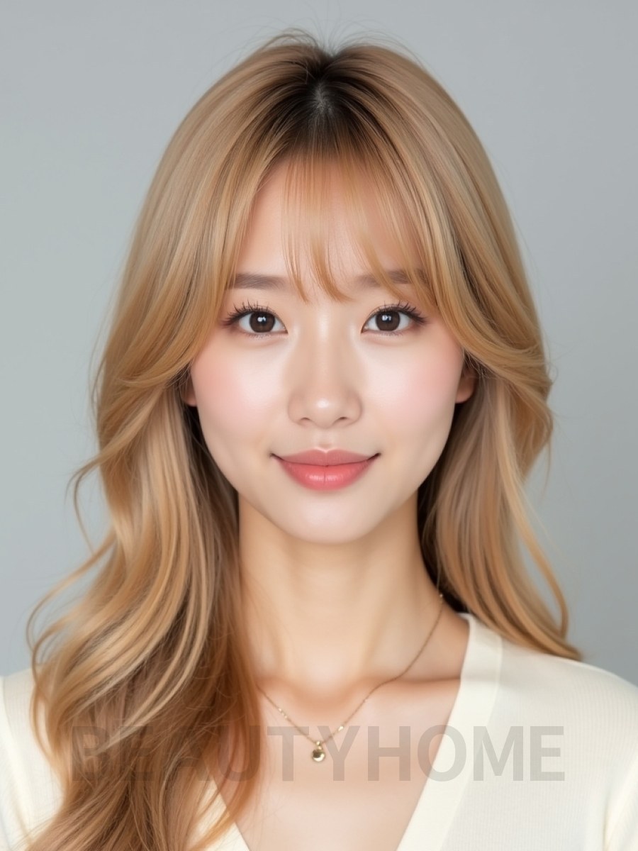 골든 블론드 긴 레이어+풀뱅