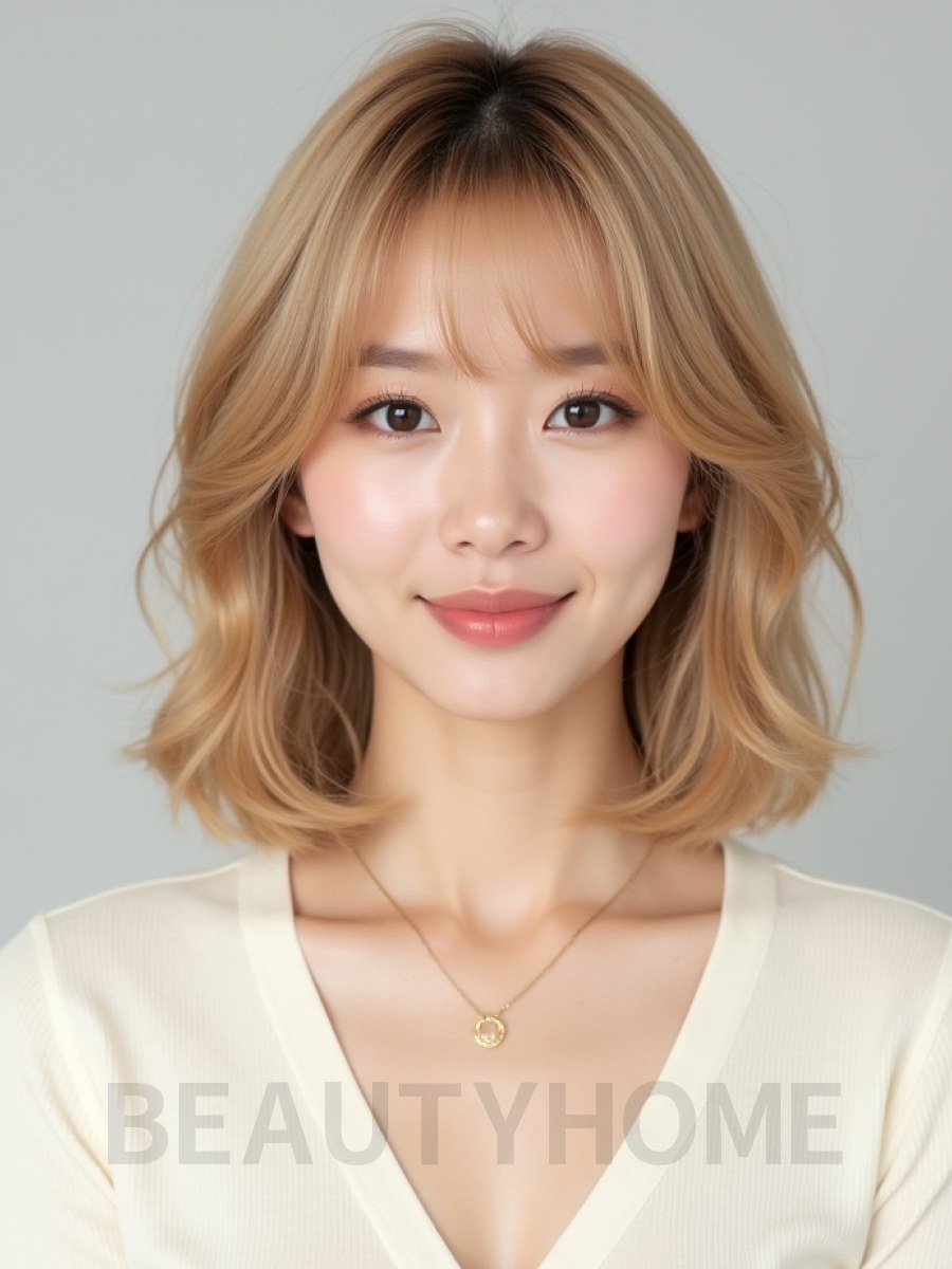 골든 블론드 어깨 텍스처 단발+사이드뱅