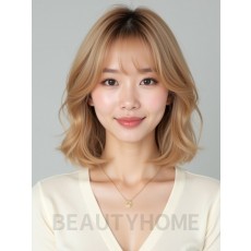 골든 블론드 어깨 텍스처 단발+사이드뱅