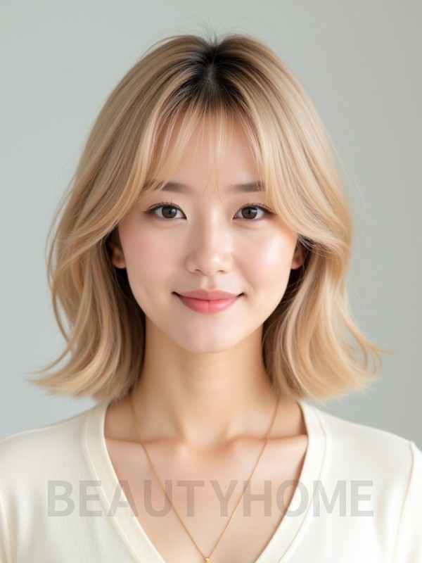 골든 블론드 어깨 스택 단발+사이드뱅