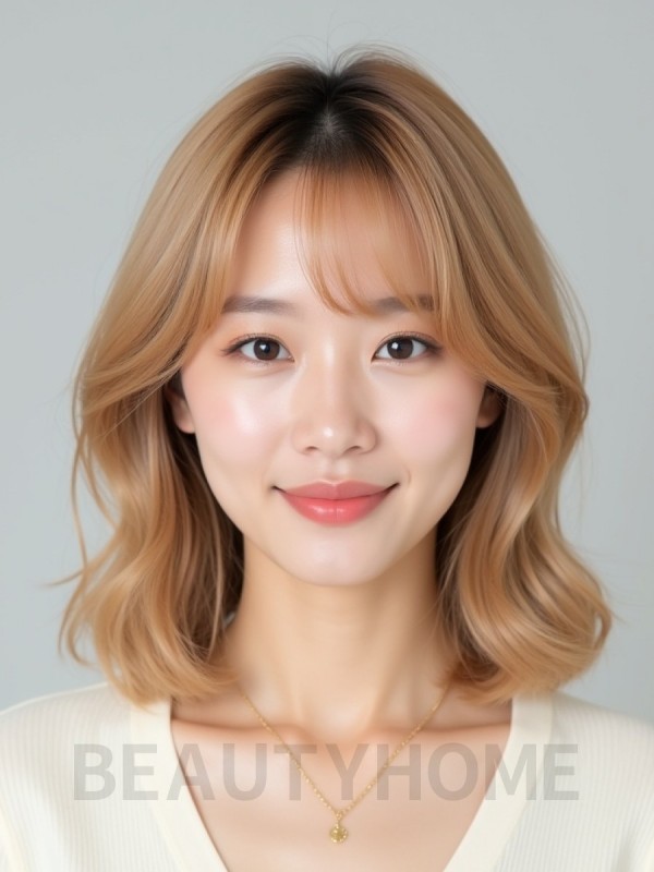 골든 블론드 어깨 텍스처 단발+커튼뱅