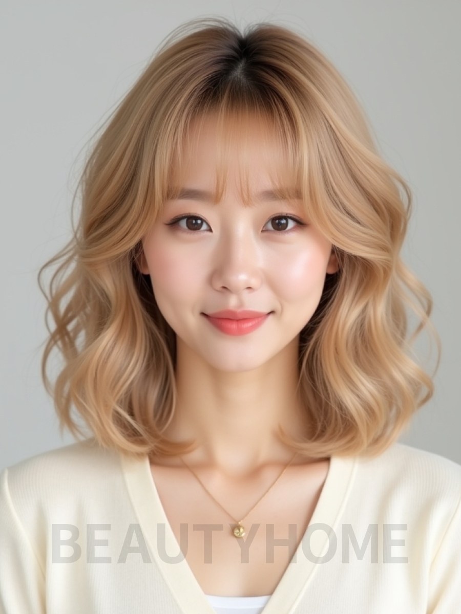 골든 블론드 어깨 컬 단발+풀뱅